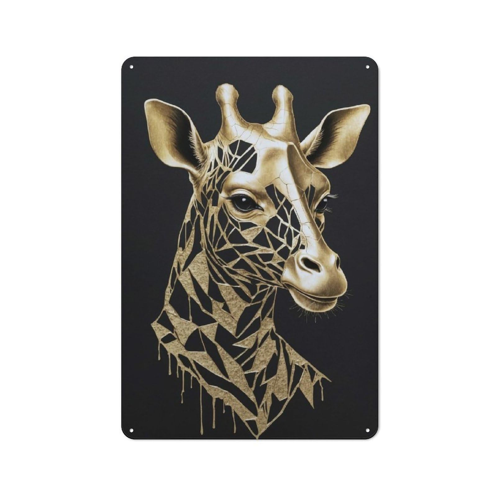 Junmoney Style-18 Golden Giraffe Portrait On Black Background Rustic Tin Wall Plaque 30X20cm For Hobby Room Or Studio, A Christmas Gift For People Styling Hobby Room And Studio