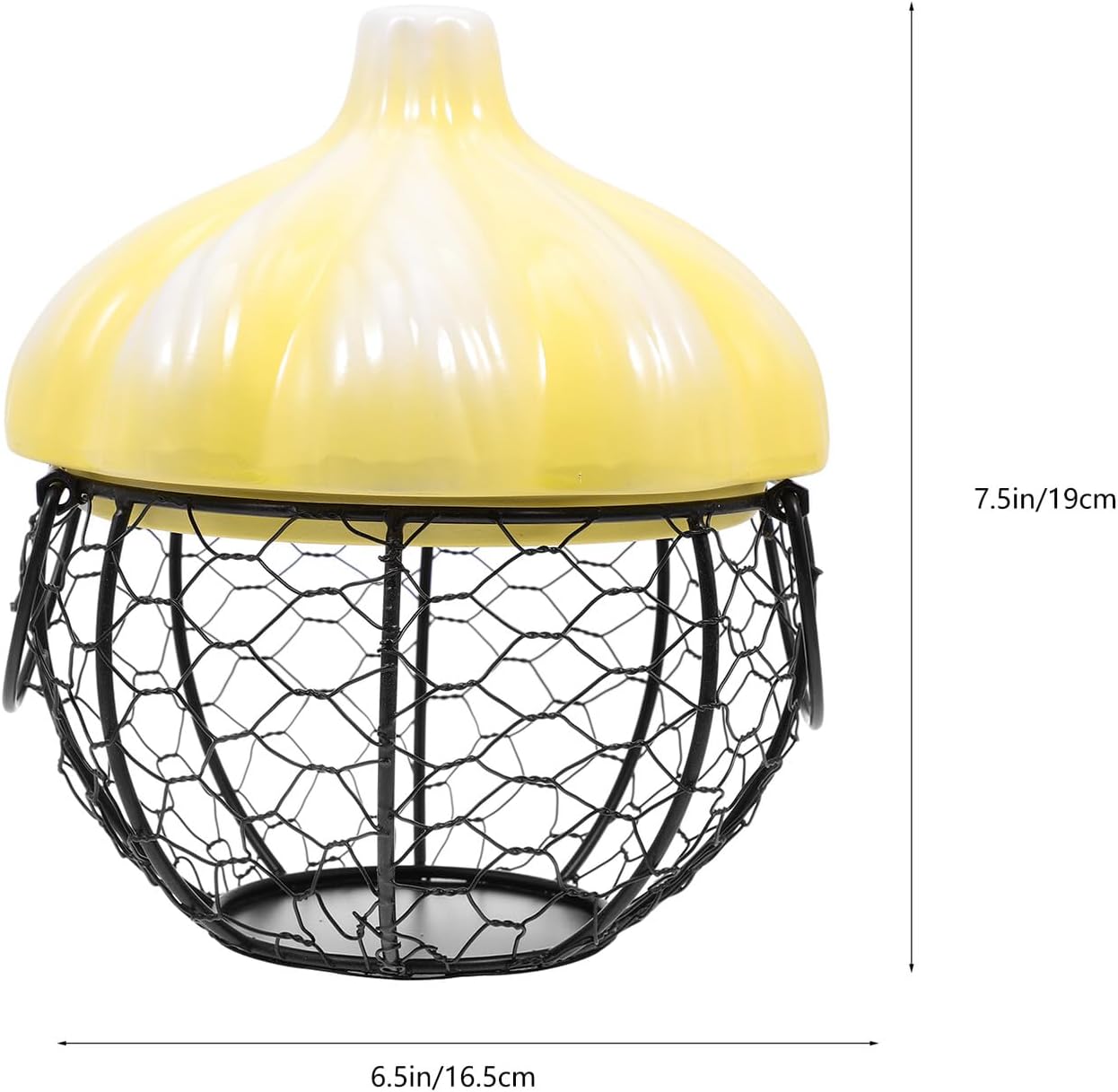 KICHOUSE Ceramic Lid Ginger Garlic Basket with Iron Wire Frame, Breathable Decorative Egg Holder for Kitchen Countertop Storage, Small Yellow Garlic Box with Black Mesh Basket