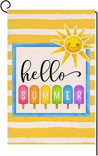 Bandera de jardín de playa con texto en inglés «Hello Summer» de 12 x 18 pulgadas, vertical, de doble cara, paleta colorida, decoración exterior de