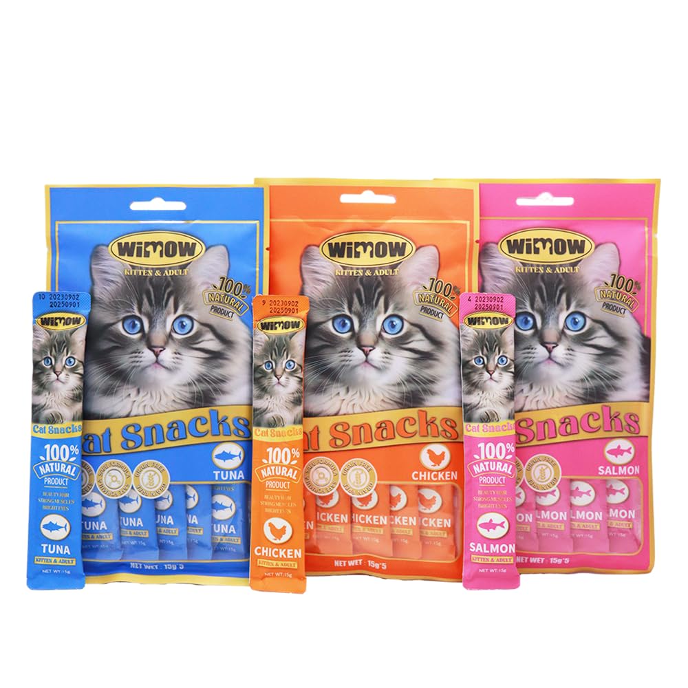 (15 Pieces) Cat Treats, Tuna Salmon,Chicken, Adult Cat, 5 Pack, 15g Each, High Protein Cat Food, Stripe Shape, Wet Food Cat Treats, Hairball Control, Pet Supplies ((3 Pack, Mixed Flavors)) Mixed 3 Pack