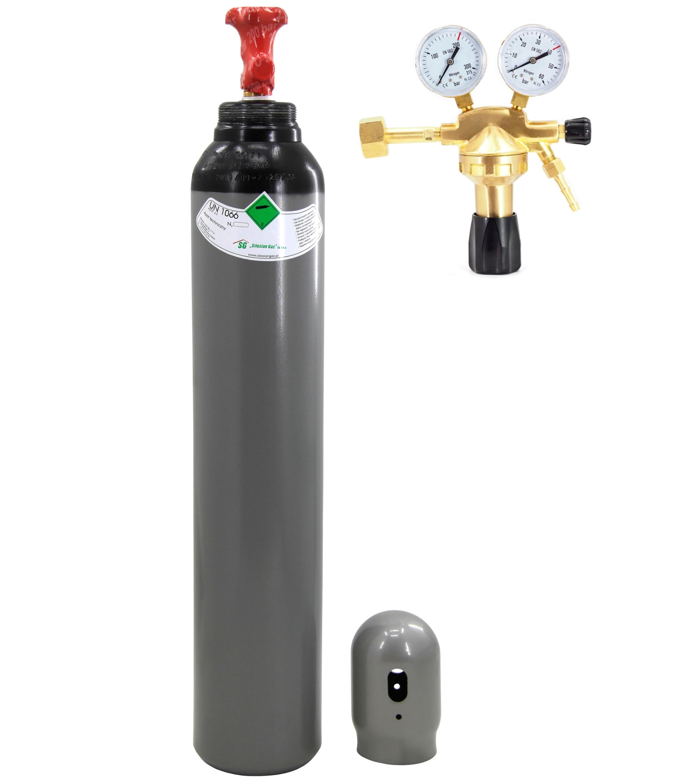 Bouteille de gaz azote - Bouteille de gaz de protection - 8 l remplie - 200 bar - 1,6 m³ - Avec réducteur de pression et capuchon de protection - Pour climatisation, remplissage de pneus et soudage