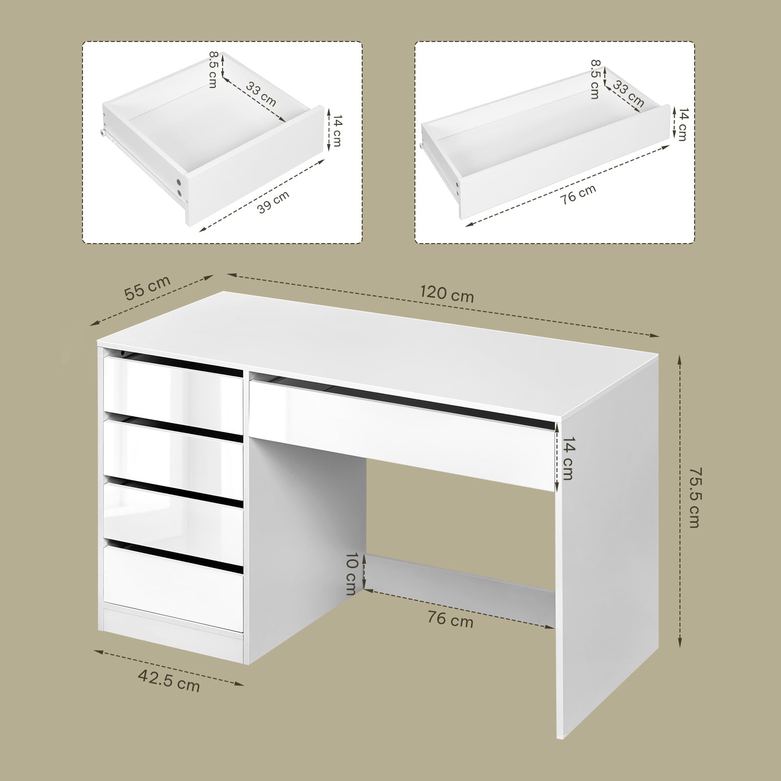 eSituro Scrivania Trucco, 120x55 cm, Toeletta con 5 Cassetti senza Specchio, Scrivania da Ufficio per Computer, per Ufficio, Studio e Camera da Letto, Bianco Brillante
