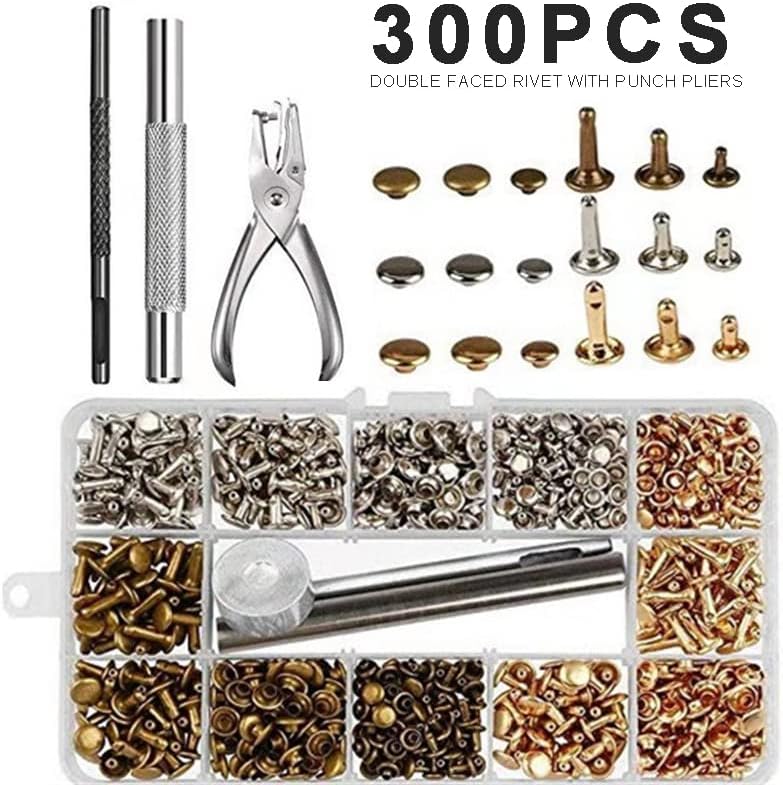 Generic 300 Sets Leather Rivets Double-sided Rivet Tubular Metal Studs Rivets Metal Leather Craft with Fixing Tools Kit Storage Box