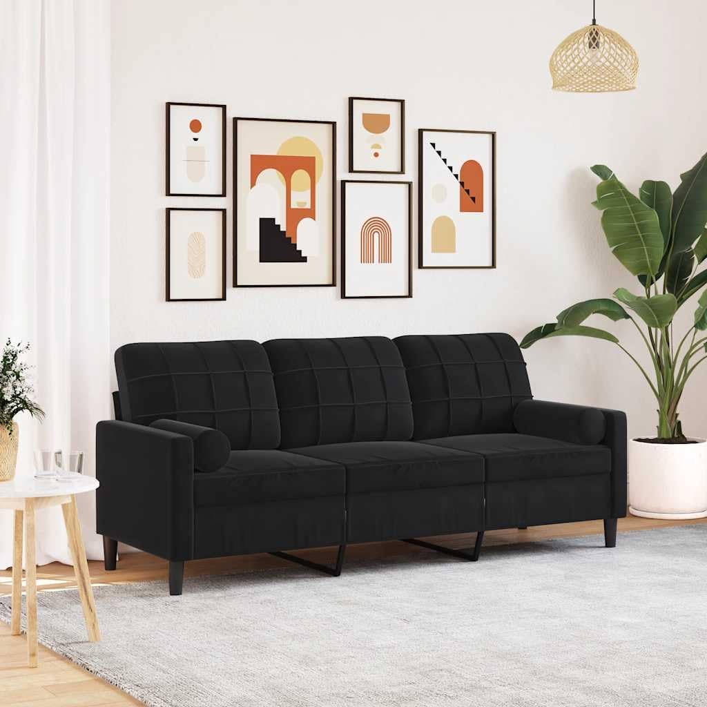 Sofá de 3 plazas de terciopelo negro con cojín decorativo de metal