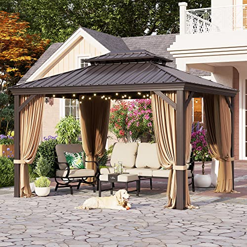 PHI-VILLA-10-X-12-Outdoor-Hardtop-Gazebo-on-Clearance-Double-Roof-Gazebo-with-Curtains-and-Netting-Permanent-Pavilion-Gazebo-with-Aluminum-Frame-for-Patios-Gardens-LawnsBrown PHI VILLA 10 X 12 Outdoor Hardtop Gazebo on Clearance Double Roof Gazebo with Curtains and Netting Permanent Pavilion Gazebo with Aluminum Frame for Patios Gardens LawnsBrown