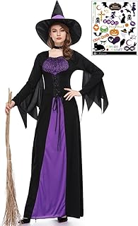 [マドルガーダ] 魔女 クラシカル 本格 コスプレ ロングスカート ブラック ドレス 黒 ハロウィン 魔法使い ウィッチ コスプレ 帽子 ハロウィン タトゥーシール付き 3点セット レディース S795 (L)