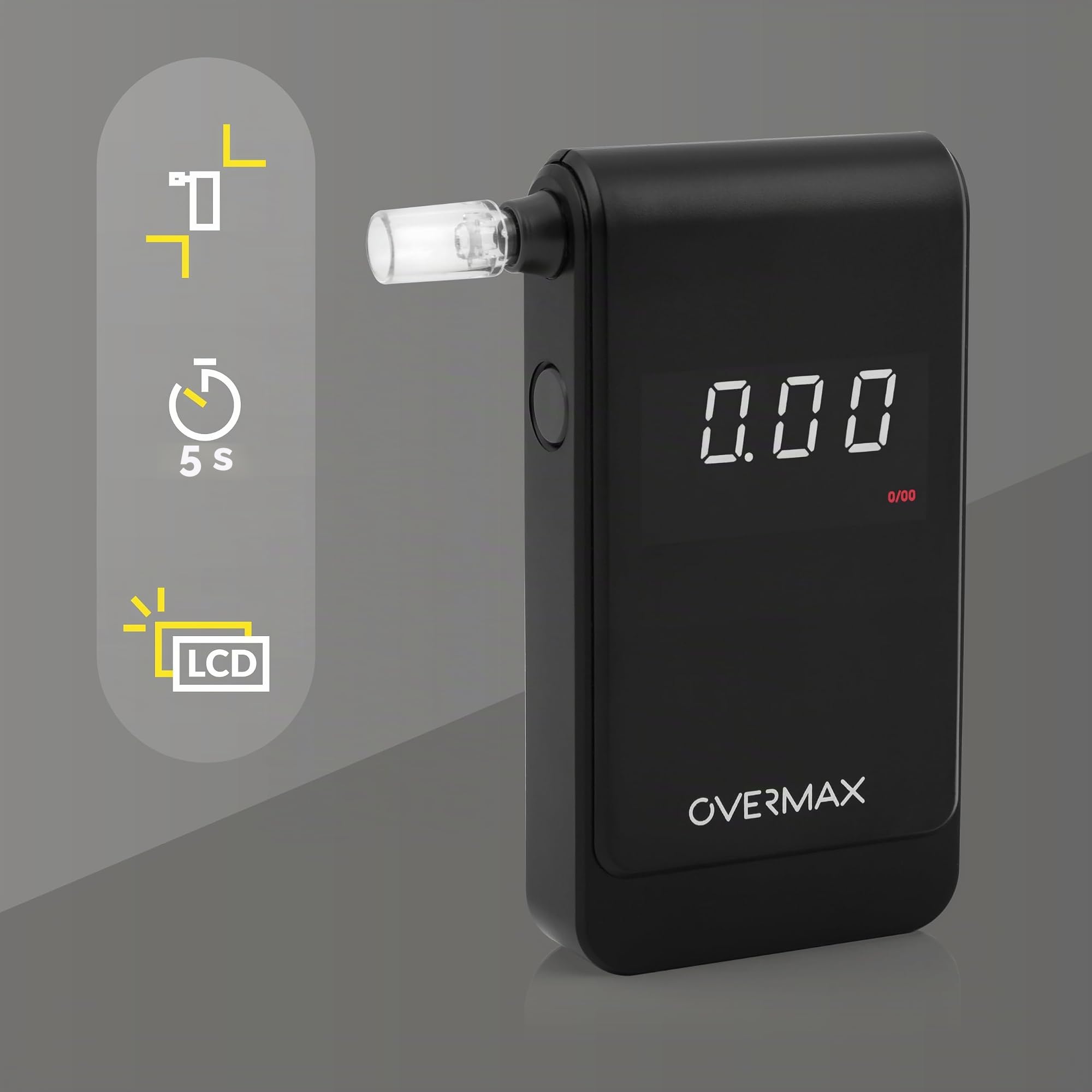 Overmax AD-10 Alcoomètre, Alcootest Personnel, Mesure de Précision +/- 0,05 ‰ / 0,005% BAC, 15 Embouts Buccaux, Temps de Réponse 5 Secondes Mémoire de Mesure, Calibrage, Piles 2 x AAA