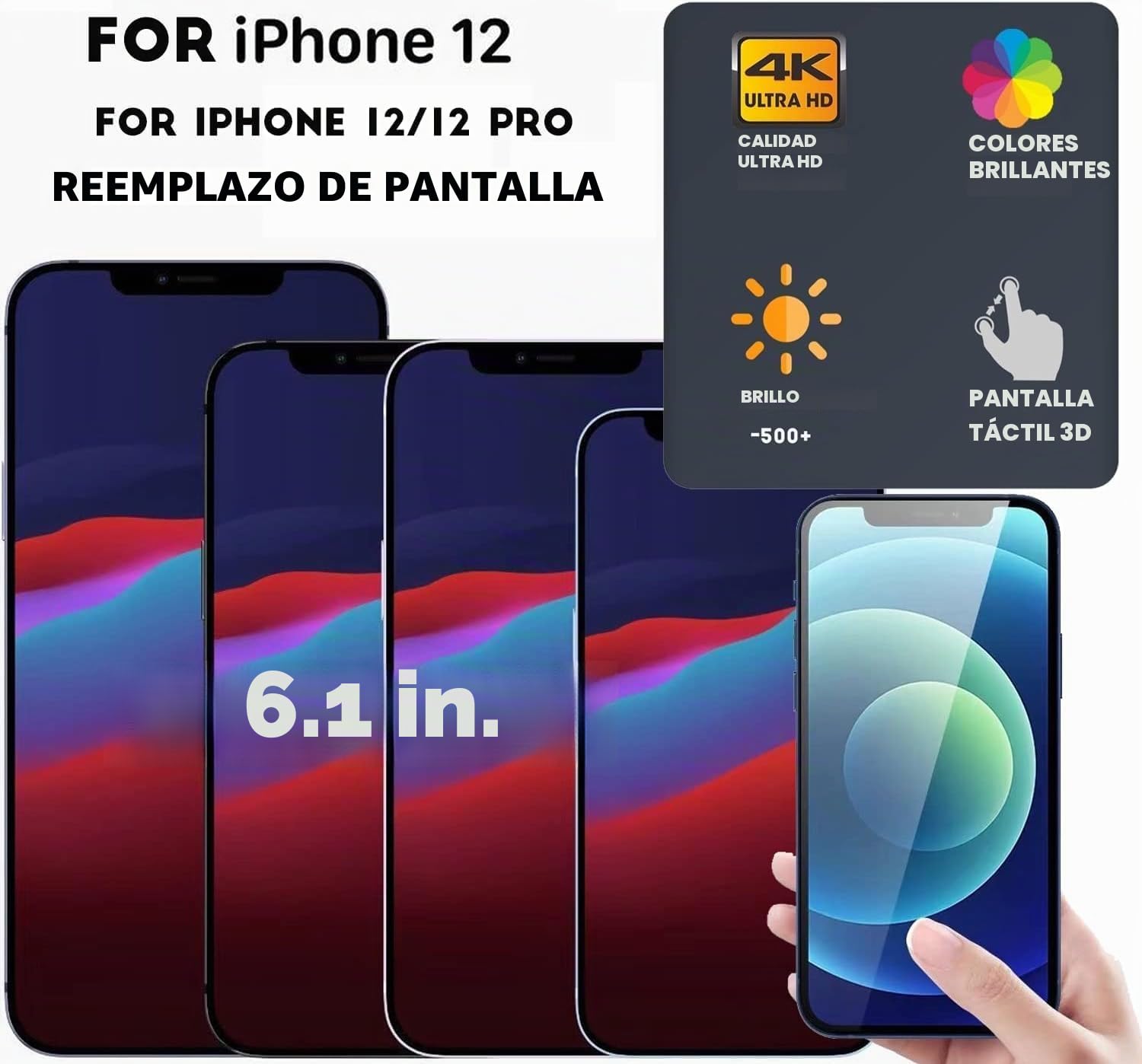Dinow Pantalla para iPhone 12-iPhone 12 Pro OLED (Negro) 6.1" Pantalla Táctil de Repuesto, Pantalla iPhone 12/12 Pro Marco Digitalizador con Full-HD 3D Touch + Kit de Herramientas- 12/12Pro Universal