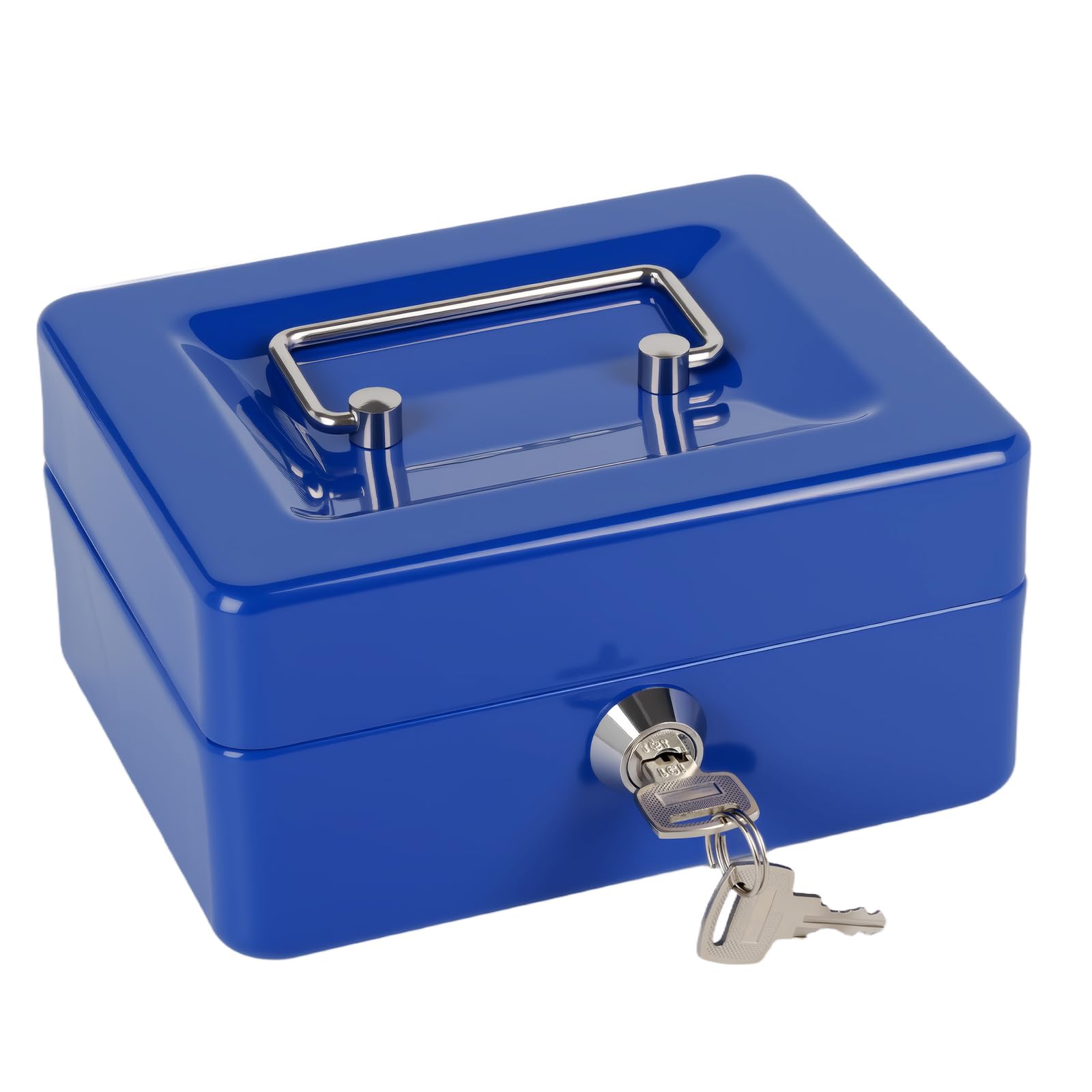 Money Tin Box with Key, Portable Cash Box with Coin Tray, Small Cash Tin for Home, Office and Events (Blue-small)