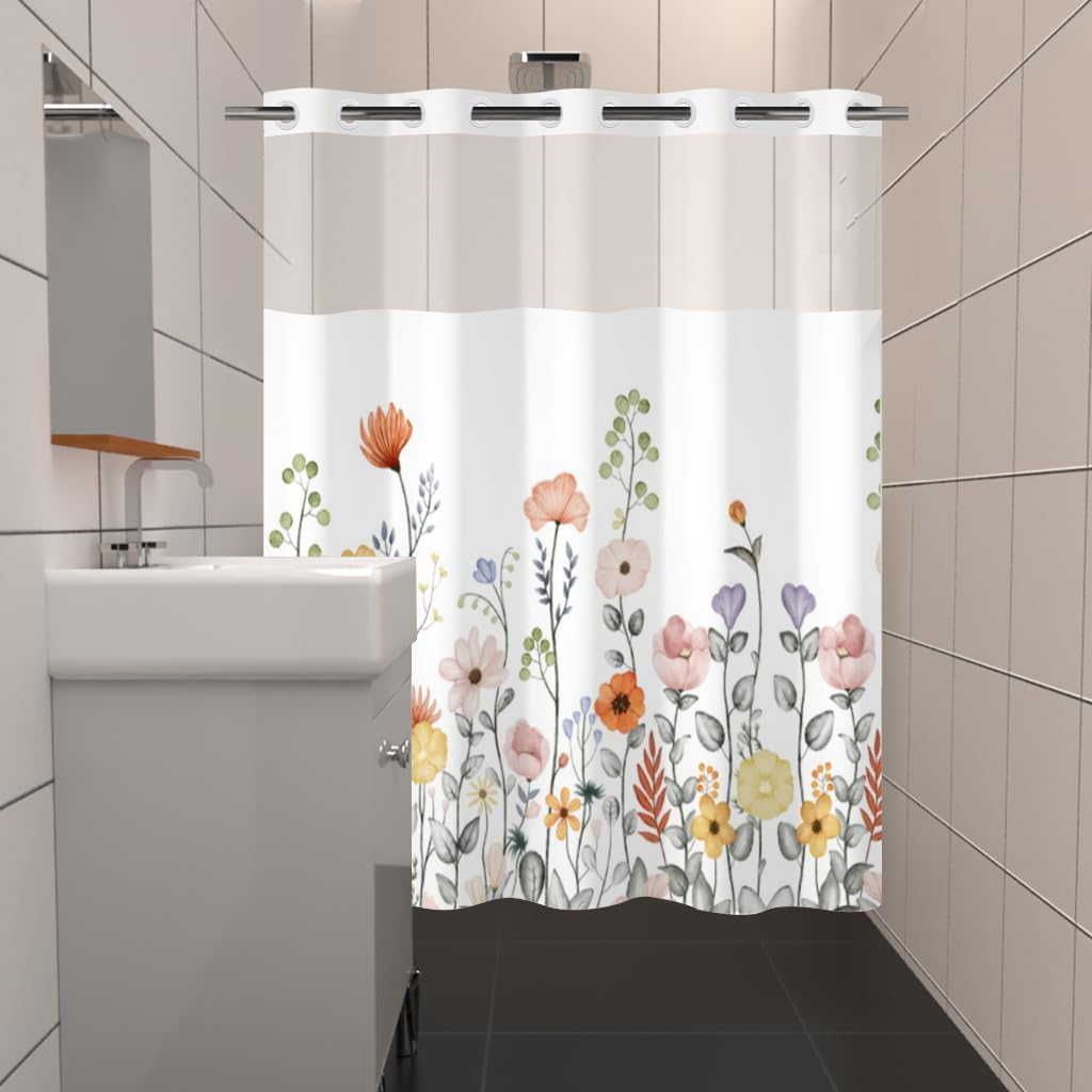 Floral Fabric Shower Curtain with Snap-in Liner Set Plant Flowers Hookless Ployester Bath Curtain Farmhouse Leaves White Cloth Shower Curtains for Kids Bathroom Decor Waterproof, 71x86 Inch
