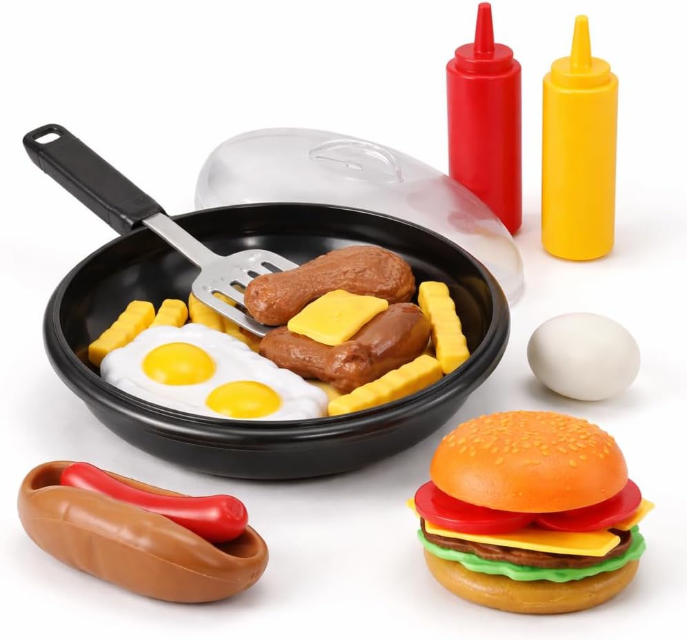 25 PCS Play Food Kids Toy Set with Frying Pan Skillet and Spatula - Kitchen Cooking Pretend Play Toy Grill Set for Toddlers Kids