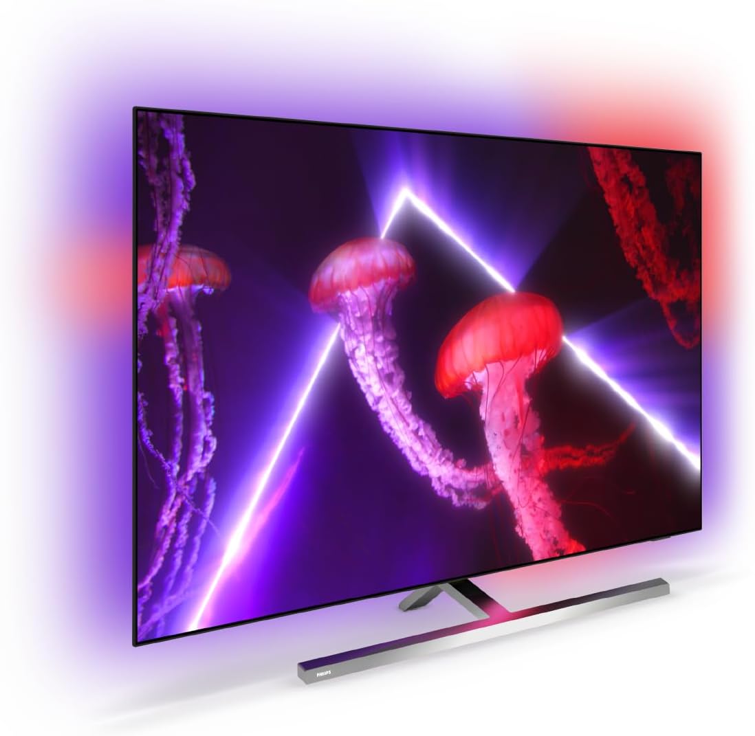 Philips 55OLED807/98 OLED TV displaying vibrant colors with Ambilight glowing around the screen.