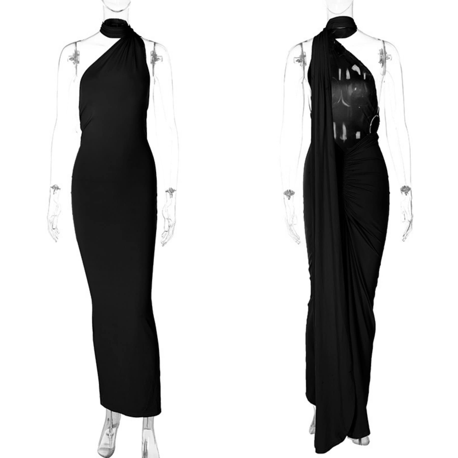 Damen-Maxikleid, einseitige Schulterpartie, rückenfrei, elegant, gerafft, mit O-Ring, ärmellos, Abendkleid, langes Cocktailkleid