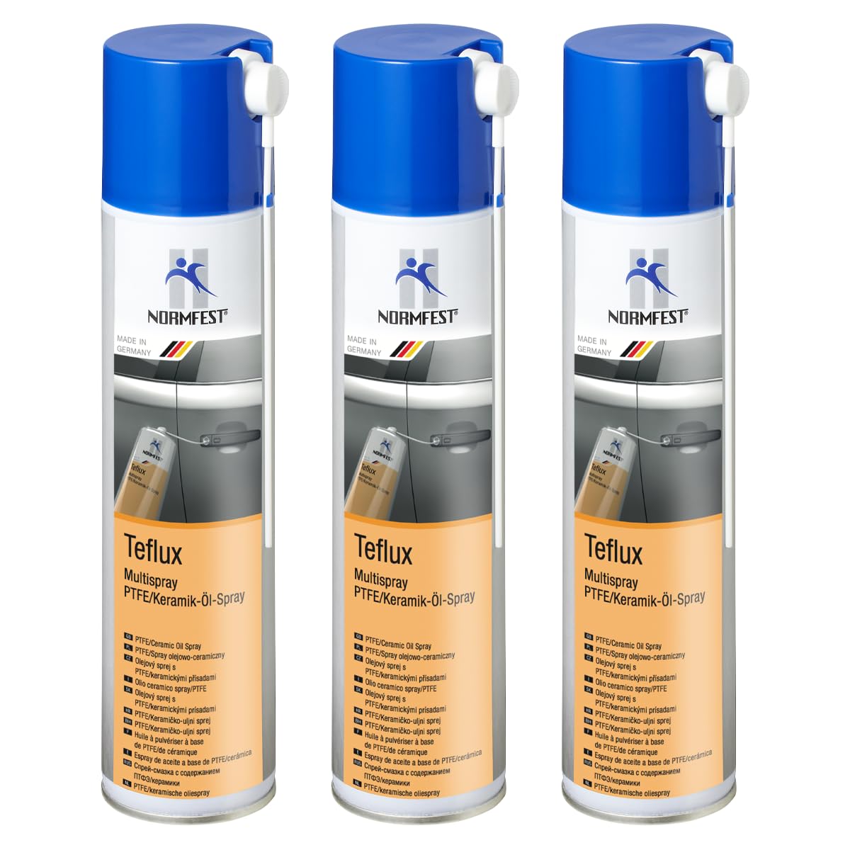 Normfest Teflux PTFE Keramik Multispray teilsynthetisches Hochleistungs Ölspray haftfest kriechfähig hochdruckbeständig korrosionsschützend silikonfrei für Industrie Handwerk Fahrzeuge 3x 400ml