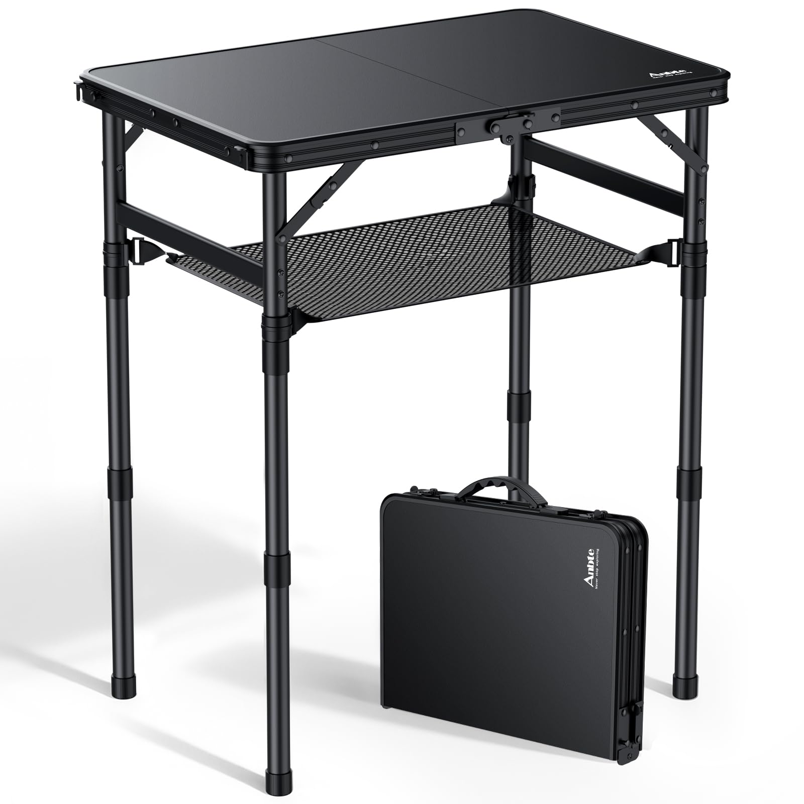 Anbte Piccolo tavolo pieghevole in plastica da 0,6 m, impermeabile, regolabile in altezza, portatile, con rete portaoggetti, piano piatto, per picnic, interni, esterni, viaggi, spiaggia, patio, 57,9 x
