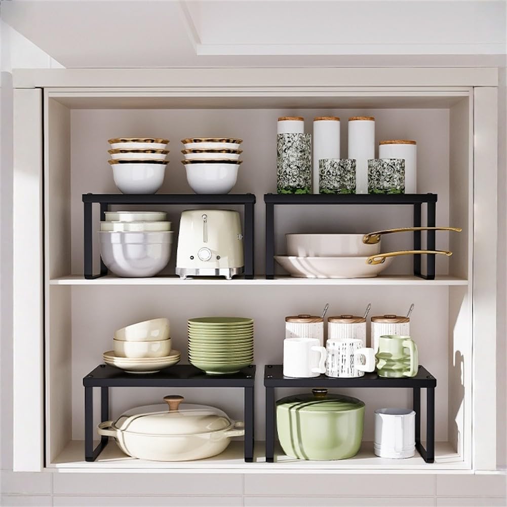 GLETSF Stackable Kitchen Shelf, Space-Saving Spice Rack, Iron Storage Rack, 32x20x16 cm, White & Black, 2 Pieces, Perfect for Cookware & Countertop Storage,
