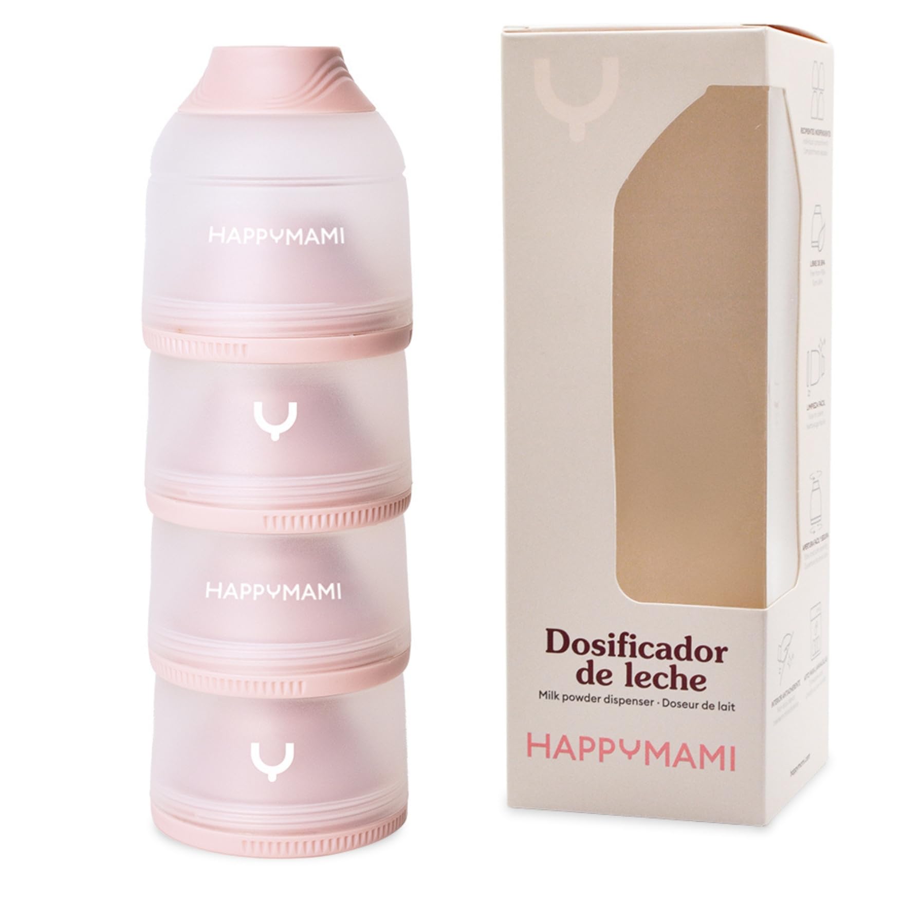 Happymami - Doseur de Lait en Poudre ou de Céréales, Couleur Rose Soie, 4 Compartiments Portables de 360ml Chacun, Facile à Transporter, Ouverture Unique, Surface Intérieure Anti-adhérente