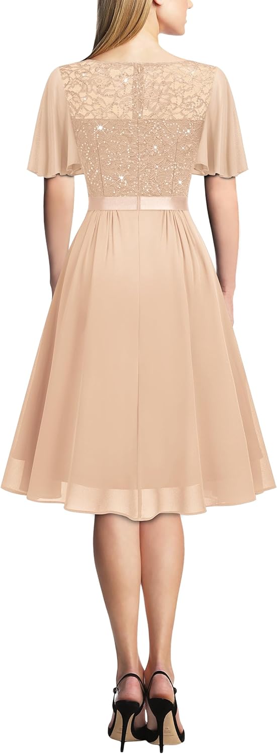 Miusol Women's Sequin Lace V Neck Ruffle Style Cocktail Party Chiffon A-line Dress - Image 2