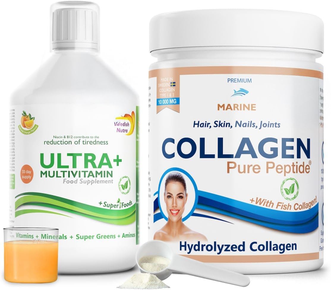 Swedish Nutra – Ultra+ Multivitamin Liquid & Hydrolyzed Marine Collagen Bundle | Vitamins, Minerals, Super Greens & Peptides Type I & III Supplements | Support Energy, Hair, Skin, Nails & Joints