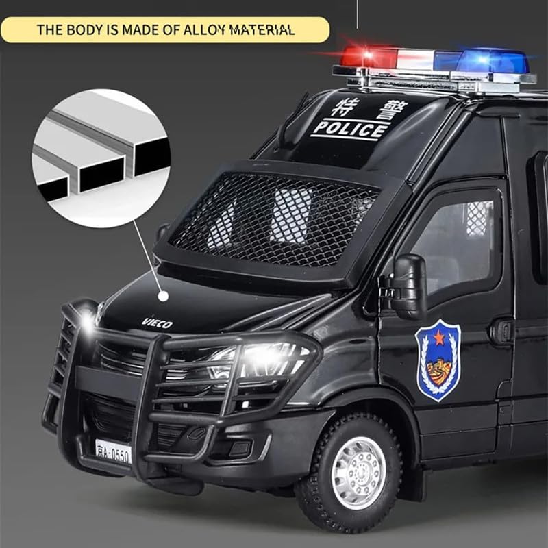 Image of Kids Model 1:24 Van Police Die Cast Metal Car Pull Back Action Opening Doors with Realistic Engine Sound Lights Toy Car Gift for Boys - Black