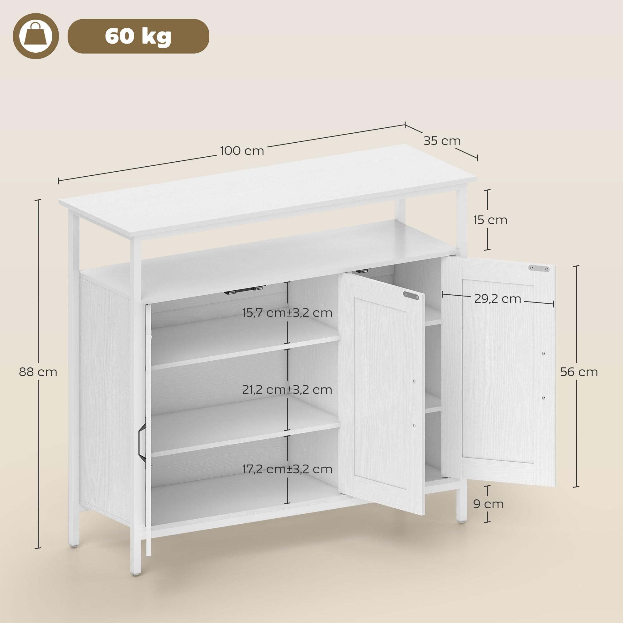 HOMCOM Aparador 3 Puertas, Aparador para Salón Industrial, con Compartimento Abierto, Estantes Ajustables, para Comedor, Entrada, Dormitorio, Blanco, 100x35x88 cm