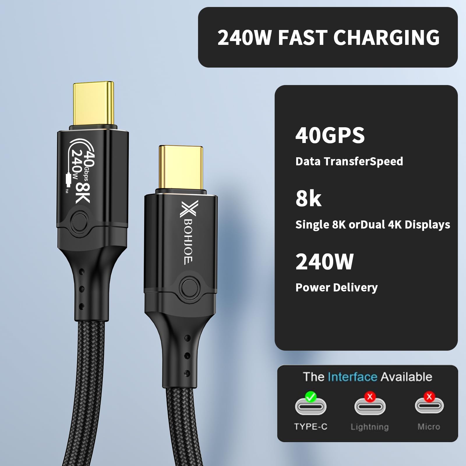 XBOHJOE Cable USB 4.0 a USB C de 40 Gbps para cable Thunderbolt 4 de 3.3 pies, sincronización USB4 8K/5K a 60Hz, pantalla tipo C de 240 W, carga compatible con iPhone 15/16 Pro/Max GoogL/MacBook Pro