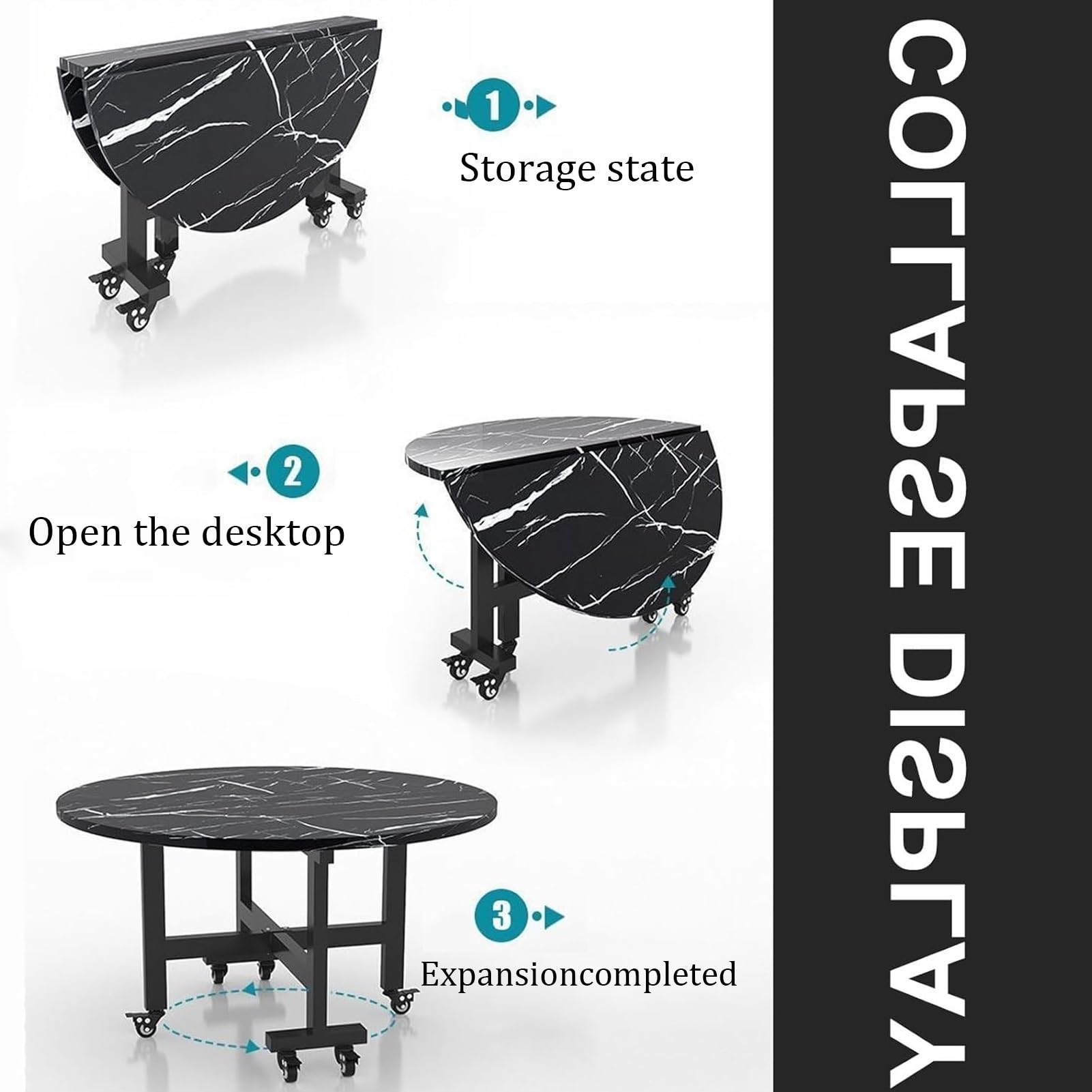 Tavolo da Pranzo Rotondo Pieghevole Mobile, Esstisch Estensibile in Legno con Ruote, Struttura in Metallo Robusto, Farfalla Estensibile, Sopporta Facilmente 400 Kg(Color1,120x75cm/47.2x29.5in)