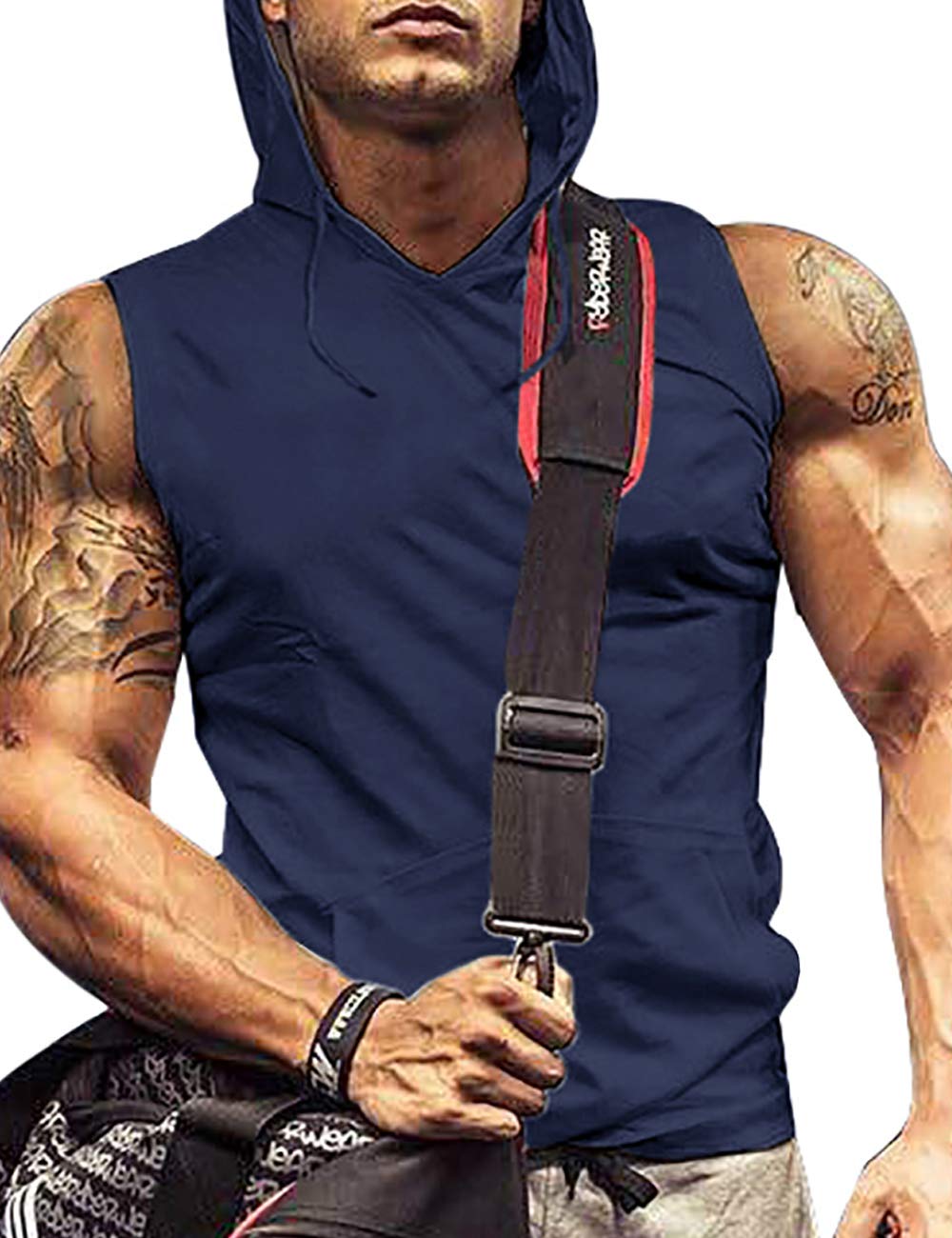 poriff Mens Tank Top with Hood Pocket Gym Hoodie Workout Sleeveless Muscle Shirt - Blue - Large
