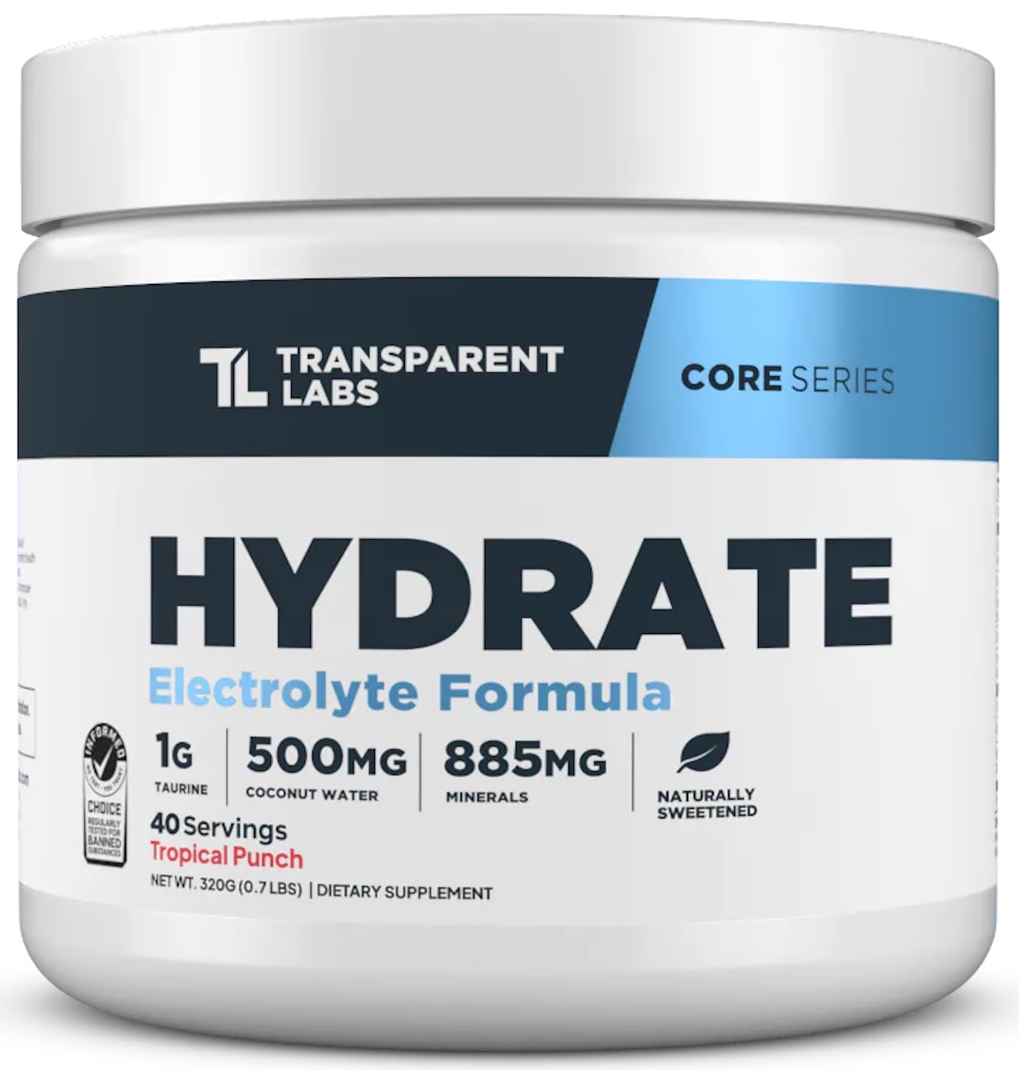 Hydrate Naturally Sweetened Electrolytes Powder - Hydration Powder Electrolytes with Coconut Water, Calcium, Taurine, & Potassium - 40 Servings, Tropical Punch