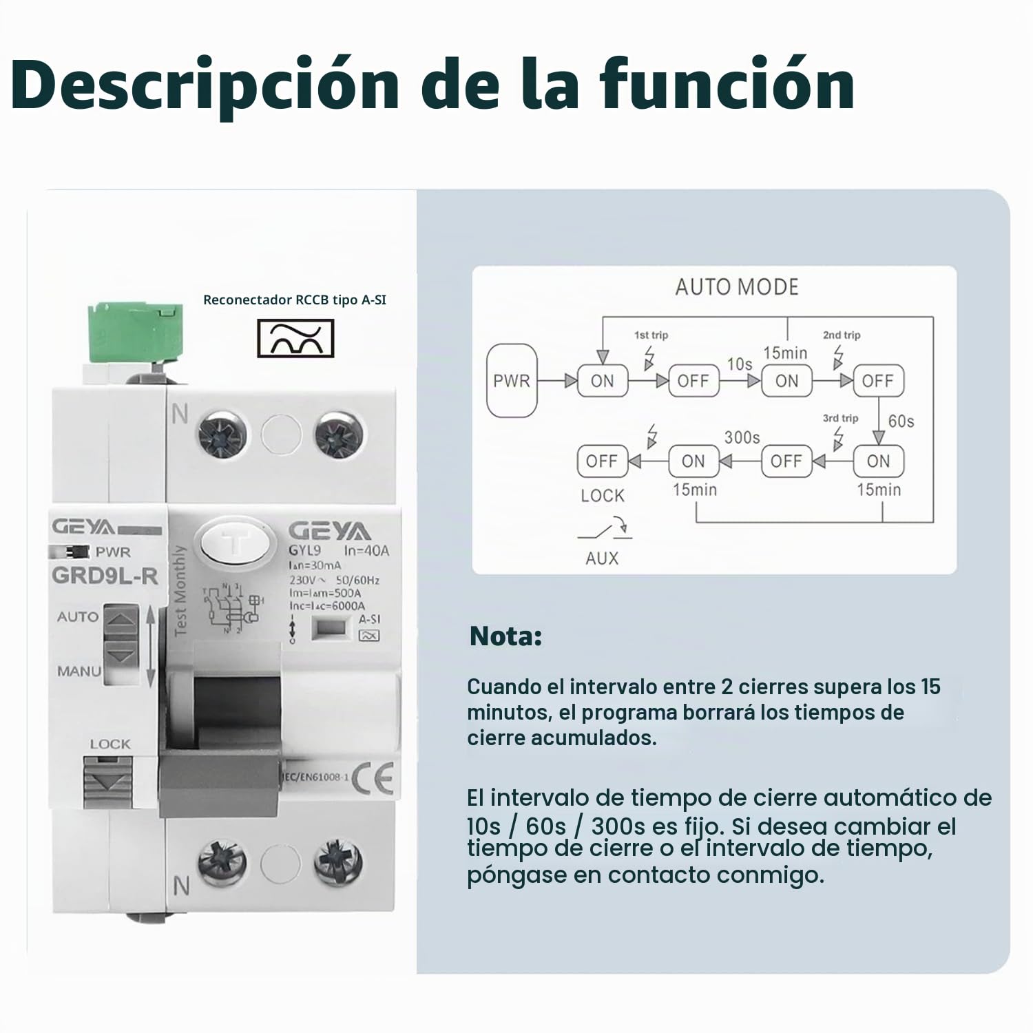 GEYA Disyuntores automáticos de fugas de reconexión RCD electromagnéticos (Reconectador AC220V+A-SI Tipo RCCB 2P-40A-30mA)