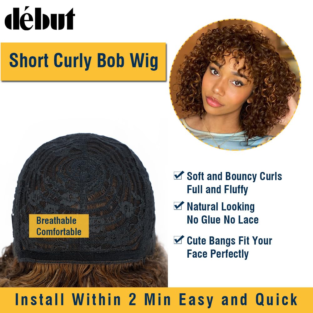 Peluca de pelo humano con flequillo corto y rizado Bob peluca de pelo humano Jerry Curl Bob peluca para mujeres negras 150% densidad sin encaje frontal peluca sin pegamento (30 cm, P4/30/27)