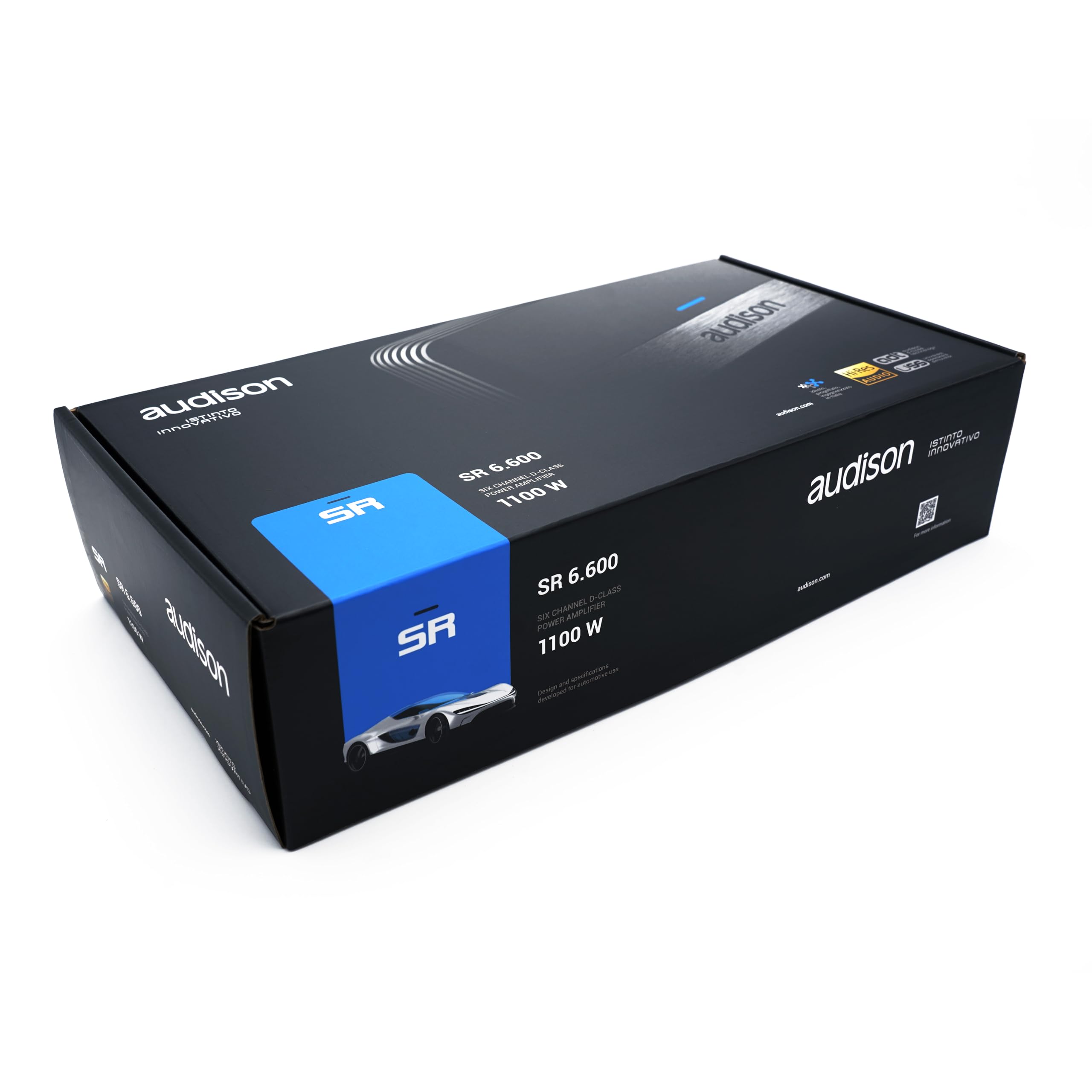 Audison SR 6.600 - Amplificatore a 6 canali in Classe D per auto, configurazione 4x140W + 2x185W su 2 ohm, ideale per sistemi attivi multivia ad alta efficienza