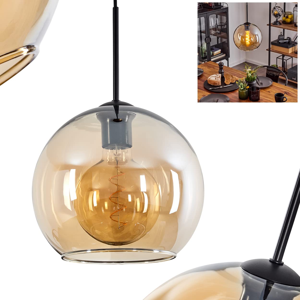 Hofstein Light/Black Koyoto Hanging Hanging Made Of Metal/Glass In Black/Amber/Clear, 1-Flame Lamp In Vintage/Retro Design With Glass Lampshade (Ø 25 Cm), Height Max. 147 Cm, 1 X E27, Without Bulb