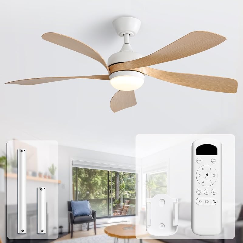 Sofucor 52 Inch Ceiling Fan with Light, 5 ABS Blades | Remote Control Compatible, Reversible Quiet DC Motor, Timer, 6 Speeds, 3-CCT for Living Room Bedroom Patio