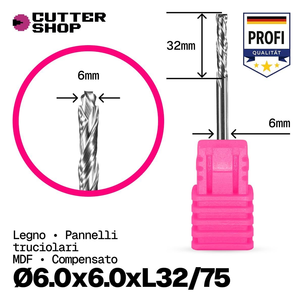 Fresa a compressione CNC per legno e materiali legnosi – fresa elicoidale anti-strappo, MDF, truciolare, compensato, HRC65 | Serie WC – D6.0x6.0xL32/75