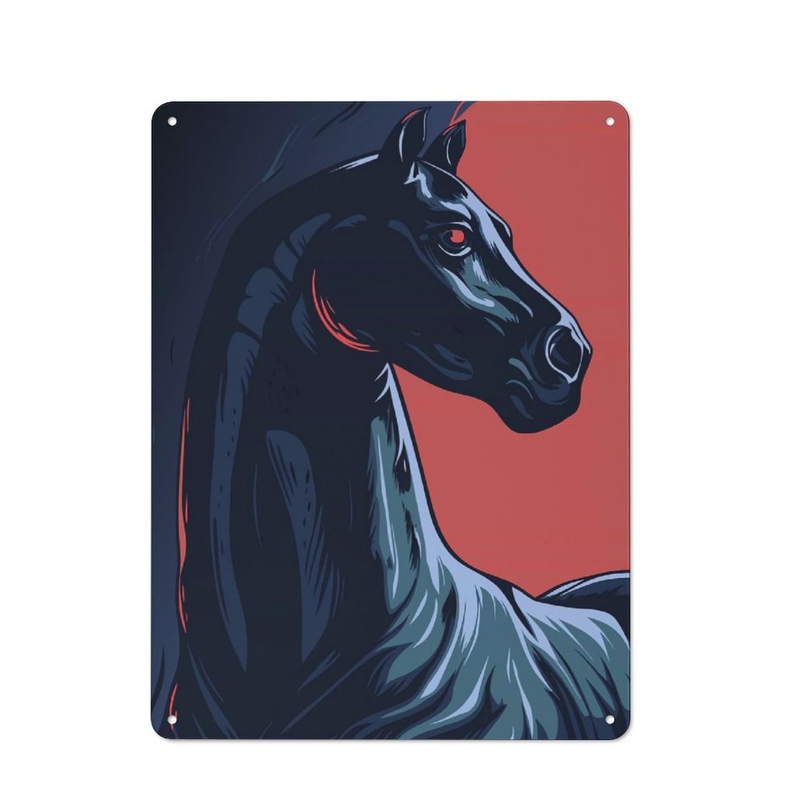 Classic Decorative Tin Plaque 40x30cm Featuring Stylized Black Horse Portrait on Red, Novelty Wall Art for Home, Shop, Pub Or Studio Wall