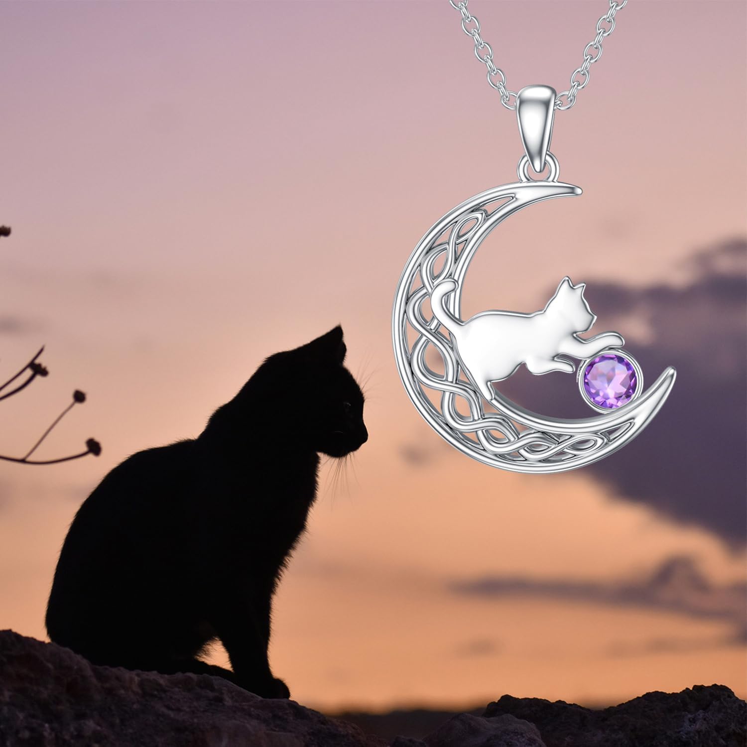 Cat Necklace 925 Sterling Silver Birthstone with Cute Cat in Moon Pendant Necklace for Women - Image 2
