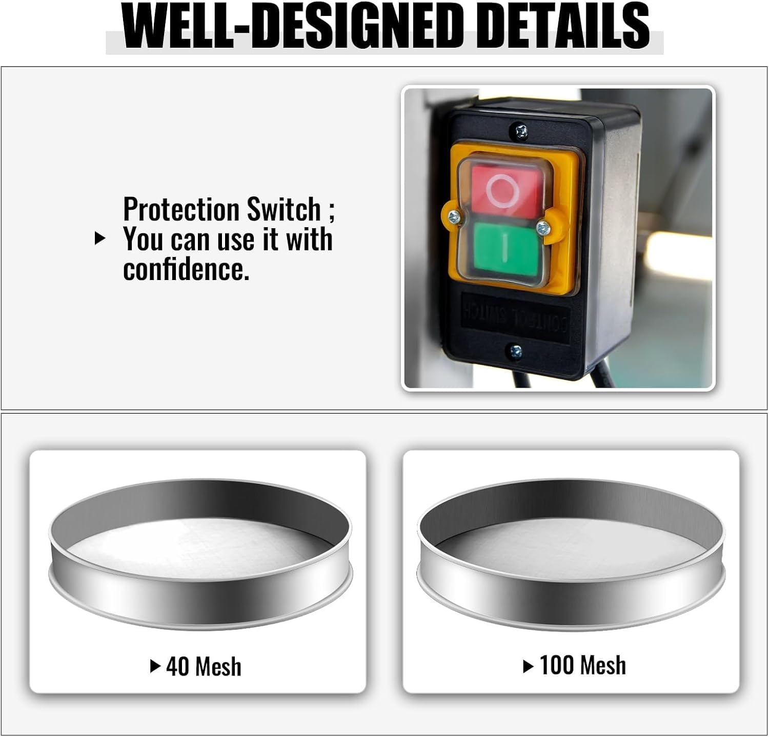 Automatisches Sieb aus Edelstahl, für Pulver, elektrische Vibrationsmaschine, 49,6 cm, kommerzielles Sieb mit Maschen von 40 und 100, für die Verarbeitung von Lebensmitteln, Getreide und