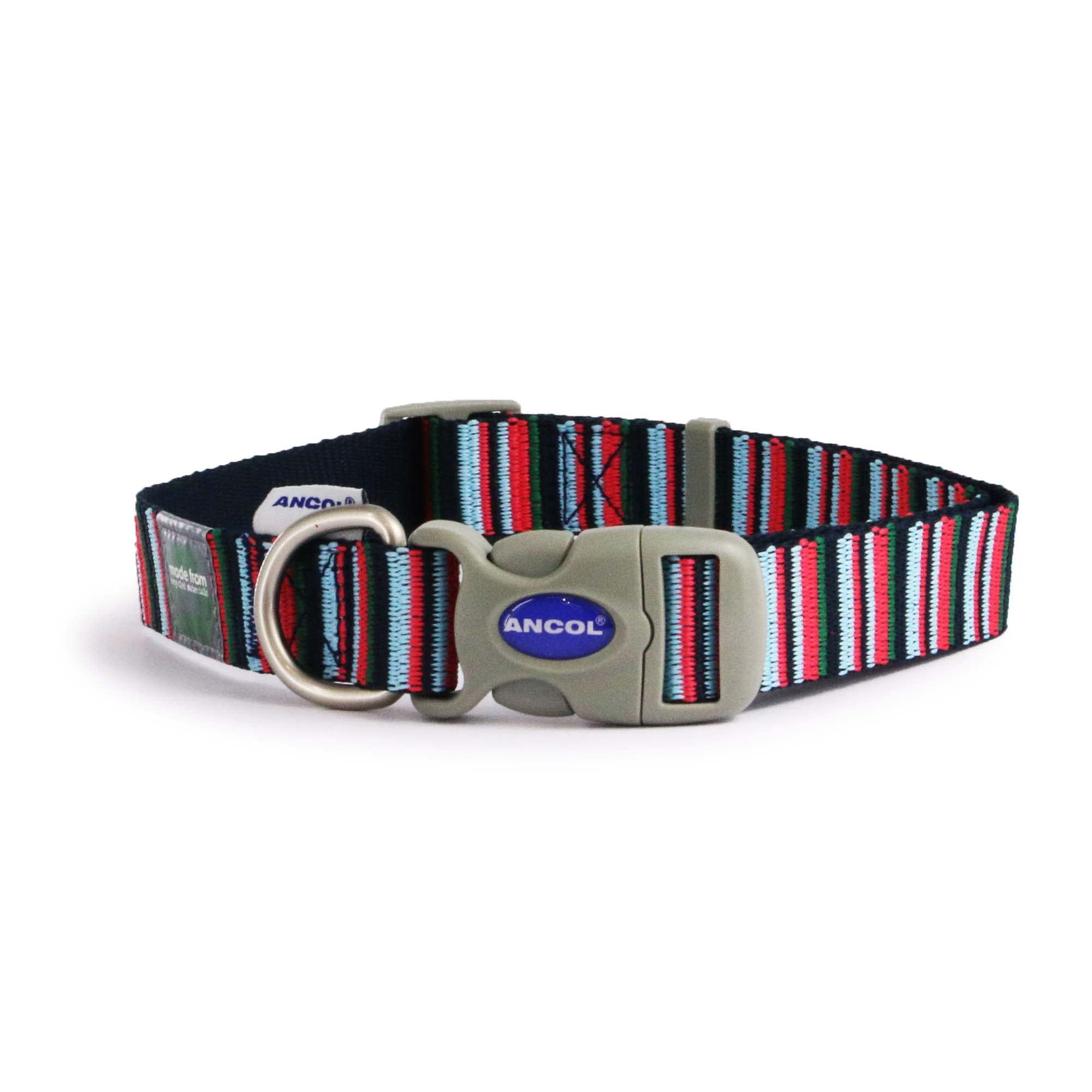 Ancol Made From Collar for Dog Puppy Navy Candy Stripe 100% Recycled Webbing Eco Friendly Pet Accessory Quick Release Buckle Adjustable Neck Strap
