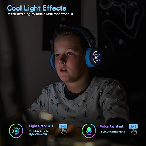 Miniatura 6 de LOBKIN Auriculares para niños Bluetooth 5.4, audífonos inalámbricos con micrófono 50 horas de reproducción, luces LED coloridas, cable AUX de 94 dB,
