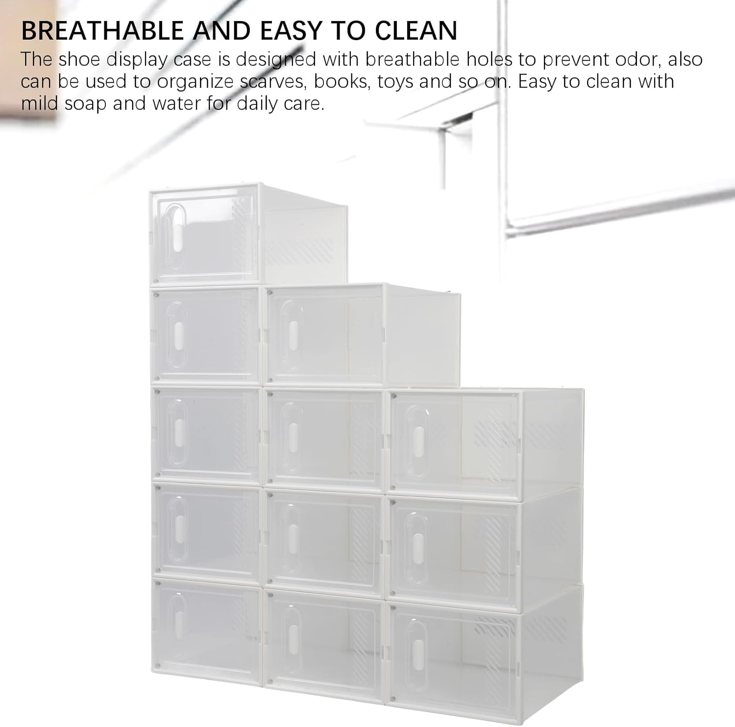 12 Packs Stackable Transparent Plastic Shoe Boxes Breathable Transparent Sneaker Storage Organizer for Closet/Entryway, Design