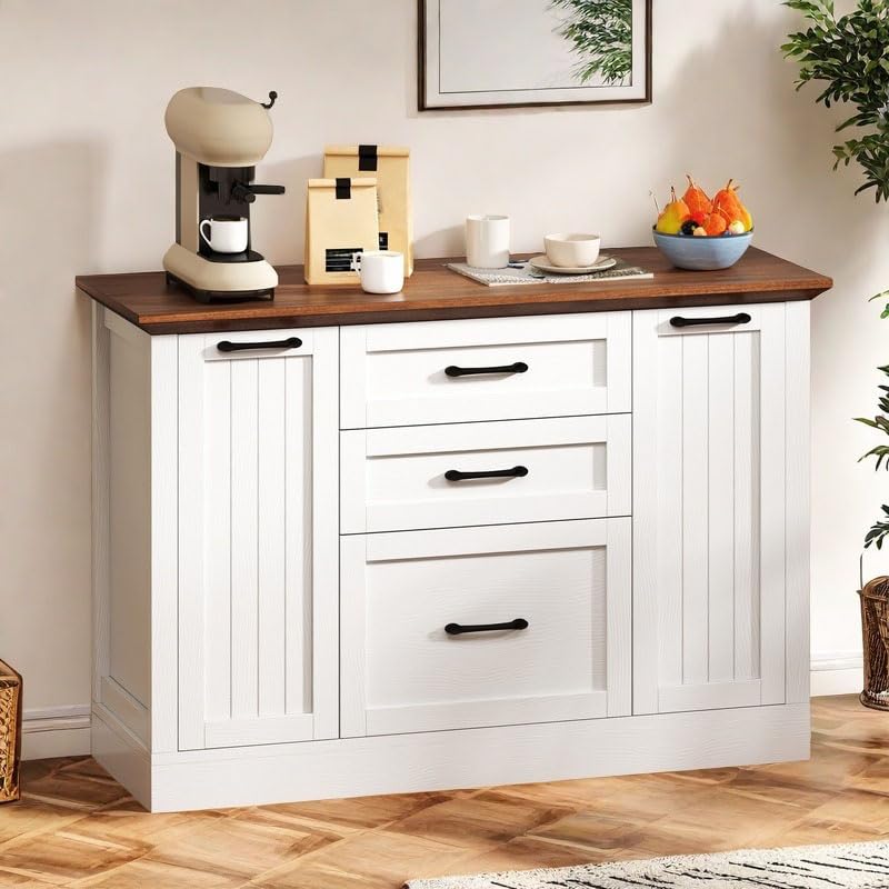 DWVO Farmhouse Buffet Cabinet with Storage, 47" Sideboard with Drawers, Large Kitchen Storage Cabinet Coffee Bar Cabinets for Living Room, Antique White