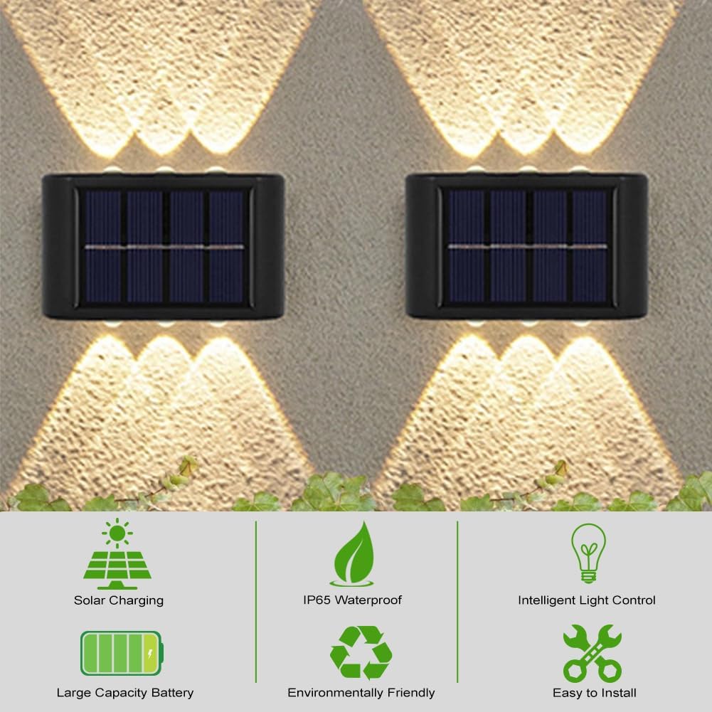 Flintronic 6 sztuk świateł solarnych na ścianę, regulowane lampy LED z 6 ciepłymi światłami, do góry i w dół, oświetlenie LED na zewnątrz, wodoszczelne IP65