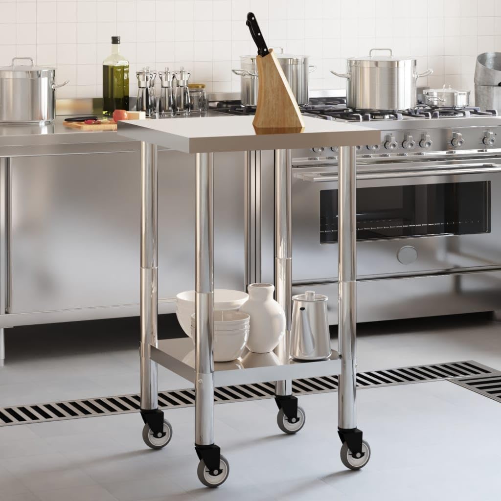 Mangloder - Tavolo da lavoro da cucina in acciaio inox con ruote, 55 x 55 x 85 cm, per gastronomia, ristorante, catering, snack, bar e hotel, tavolo da lavoro mobile con ripiano, resistente e facile
