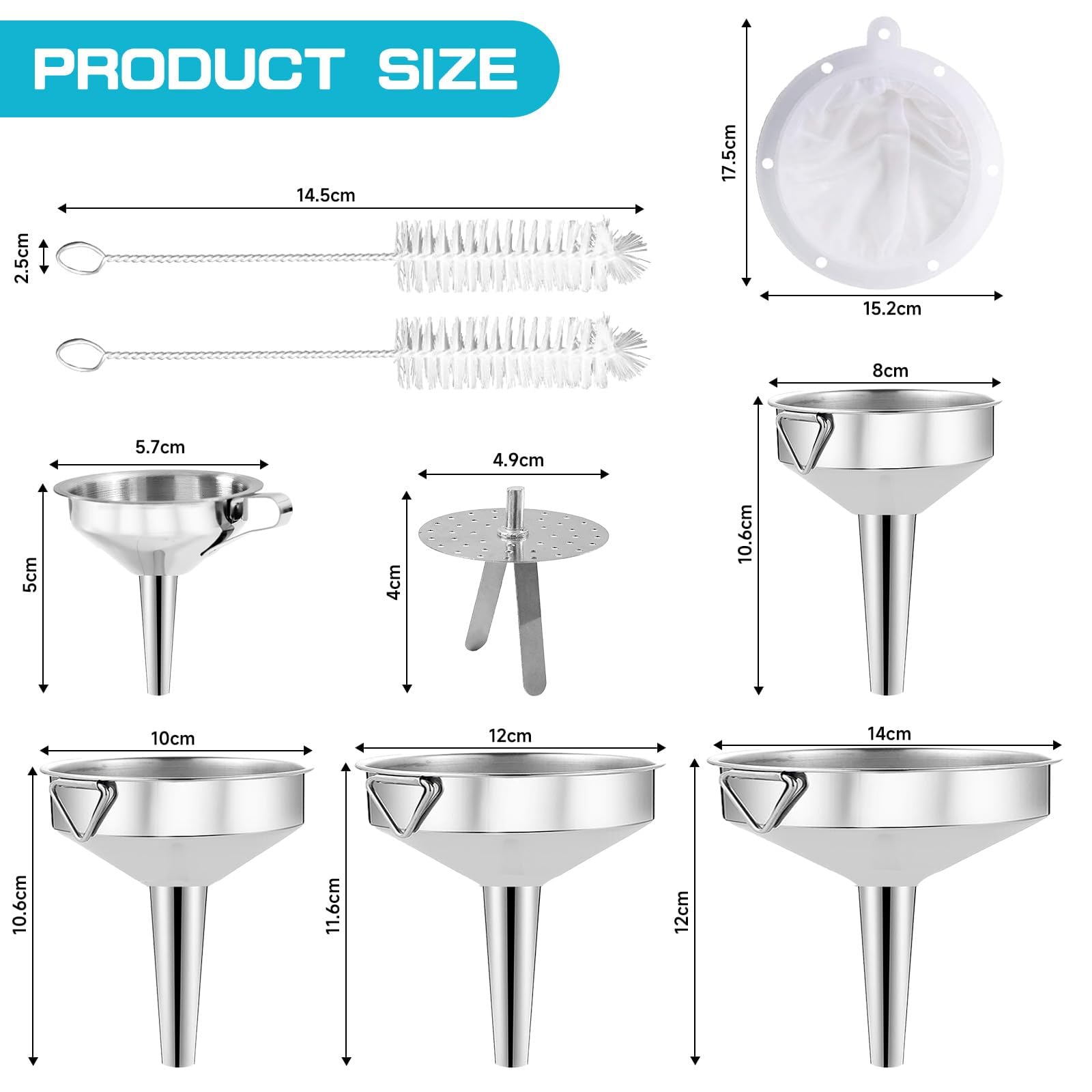 Gucass 9 Stk Edelstahl Trichter Set, Küche Trichter mit Griff, Marmeladentrichter mit Sieb, 200 Mesh Filter, Reinigungsbürste, Einfülltrichter zum Übertragen Gewürzen Flüssigkeiten Pulver Konfitüre
