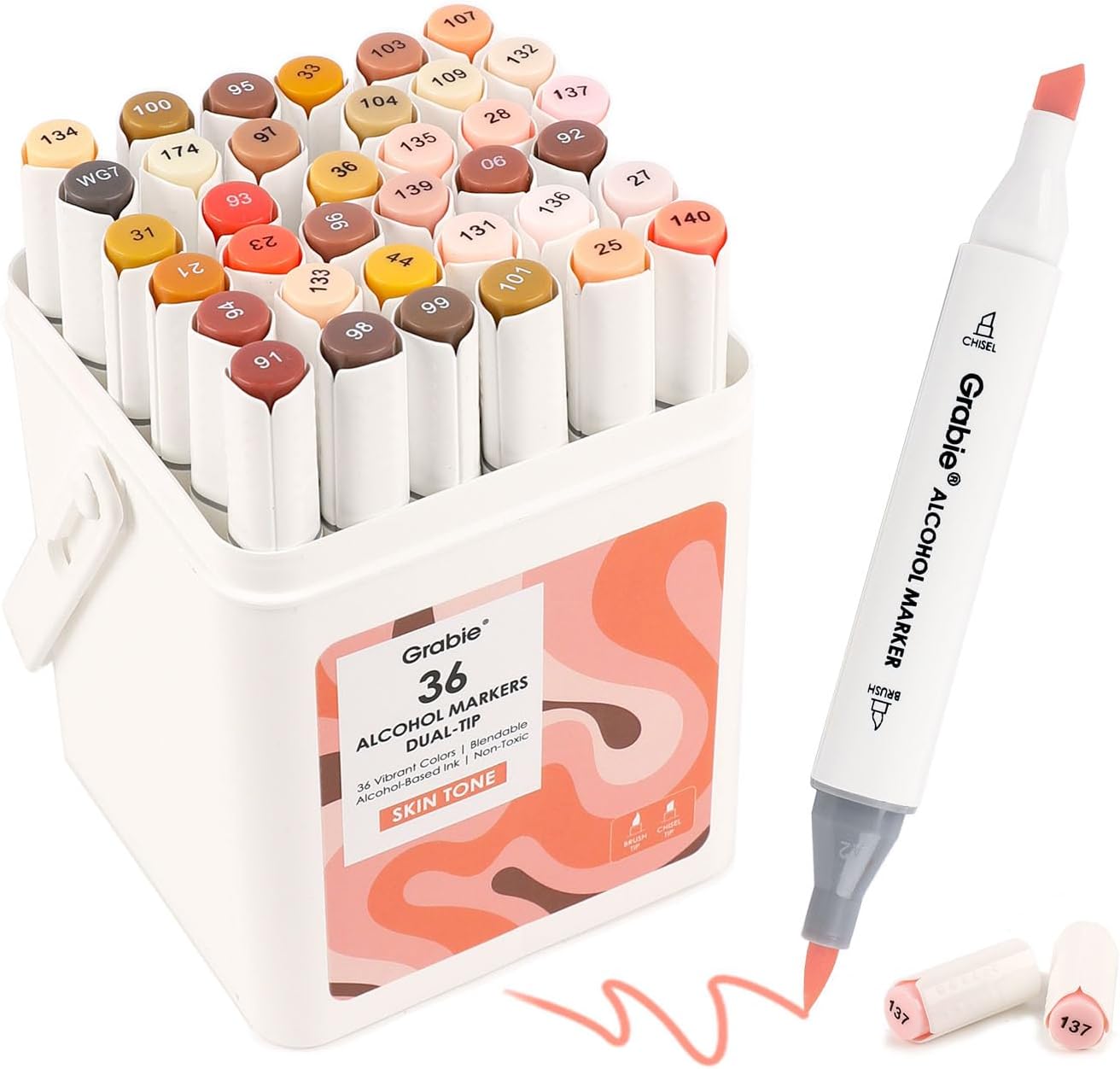Grabie 36 Colors Dual Tip Skin Tone&Hair Alcohol Markers, Chisel & Brush Alcohol Based Skin Color Marker Set with Case and Coloring Book, Drawing Markers for Adults Coloring, Set of 36