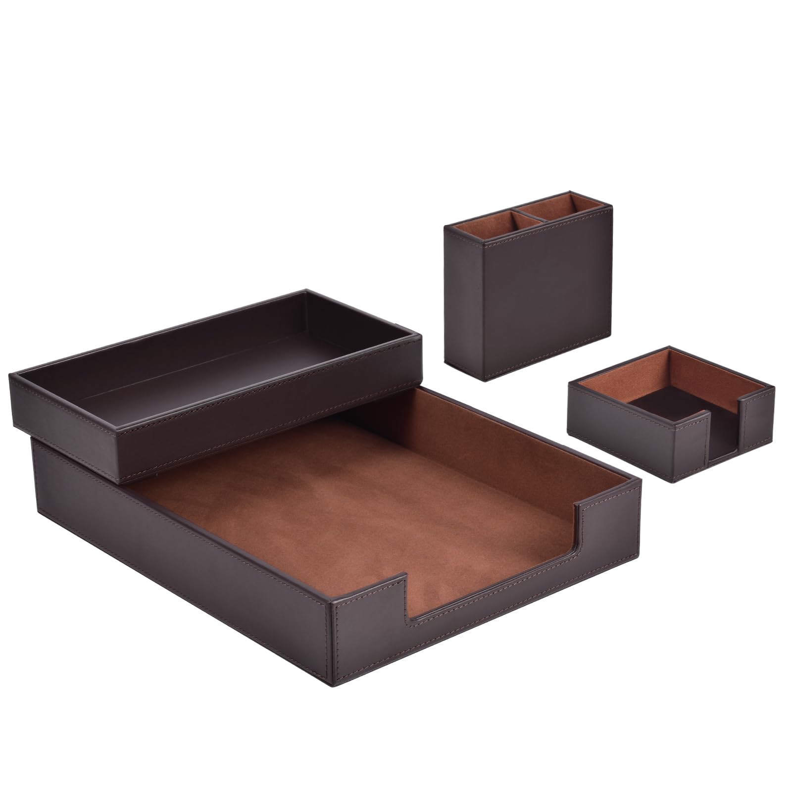 Paquete de 4 suministros de oficina/organizador de escritorio de cuero para bandeja de papel para cartas, soporte para notas adhes