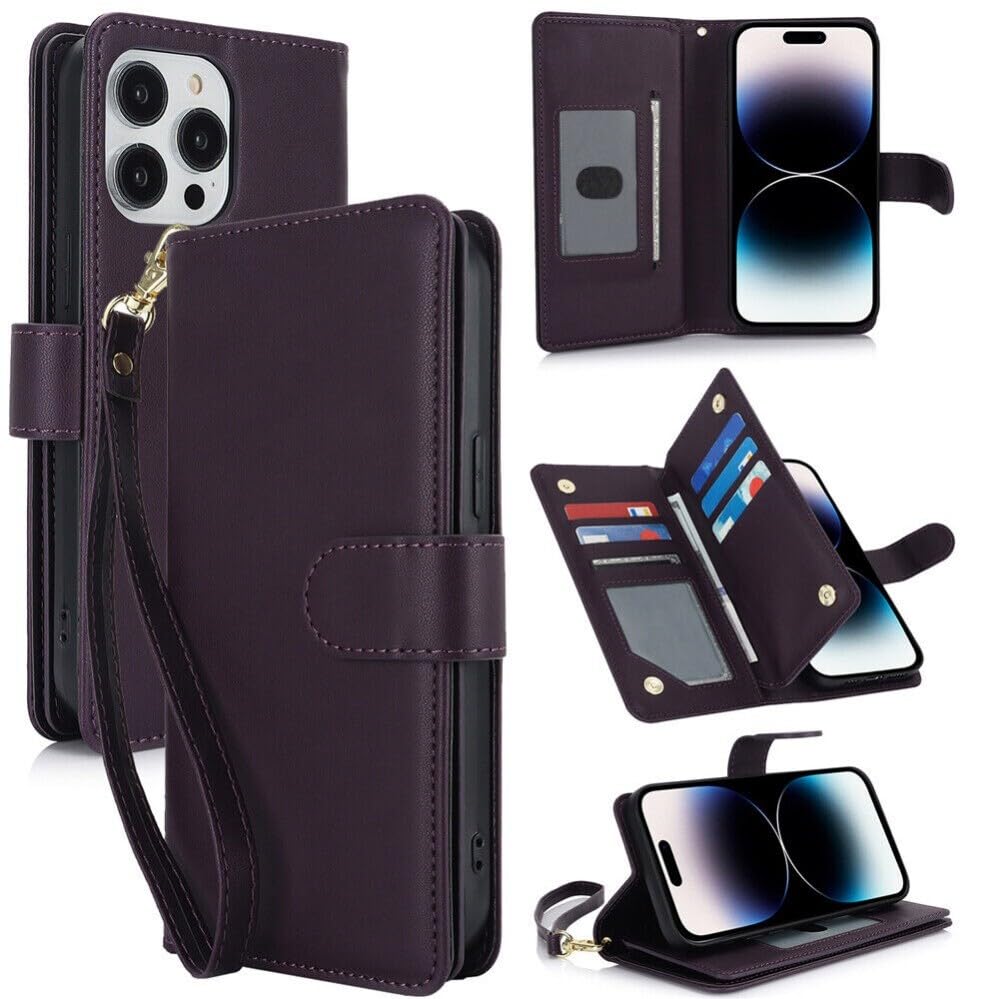 Étui iPhone 13 violet foncé double portefeuille cuir clapet magnétique amovible