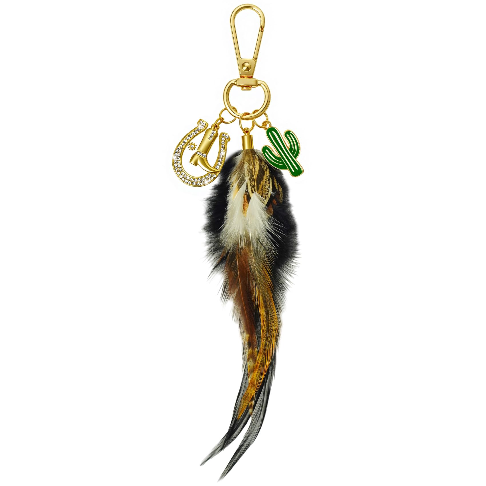 RSPPONAU Western Keychain Cowgirl Bag Charm for Purses, Gold Horseshoe with Feather Cactus Boot Rhinestone Decor, Cowboy Gift