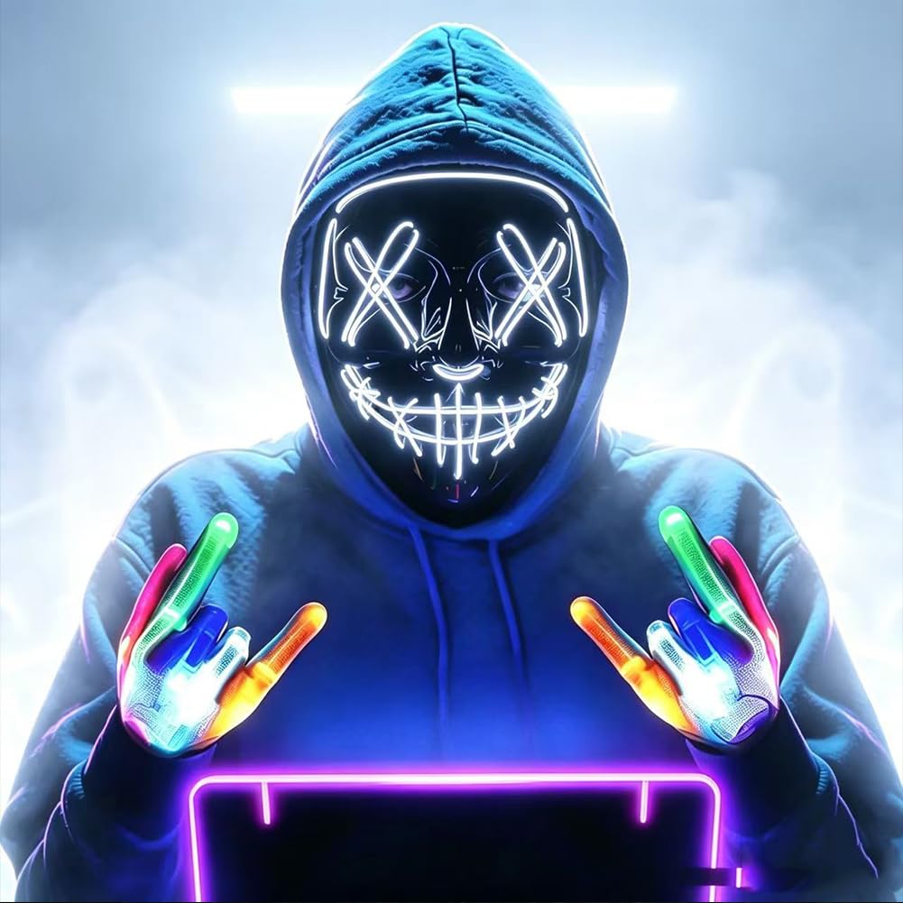 HATFRYF Halloween Masks LED Mask & Gloves in Multiple Light Modes, Light up Scary Mask Gloves, Glowing Horror Smile Masks, Costumes for Men Adults, Anonymous Neon Halloween Gifts - white — image 1